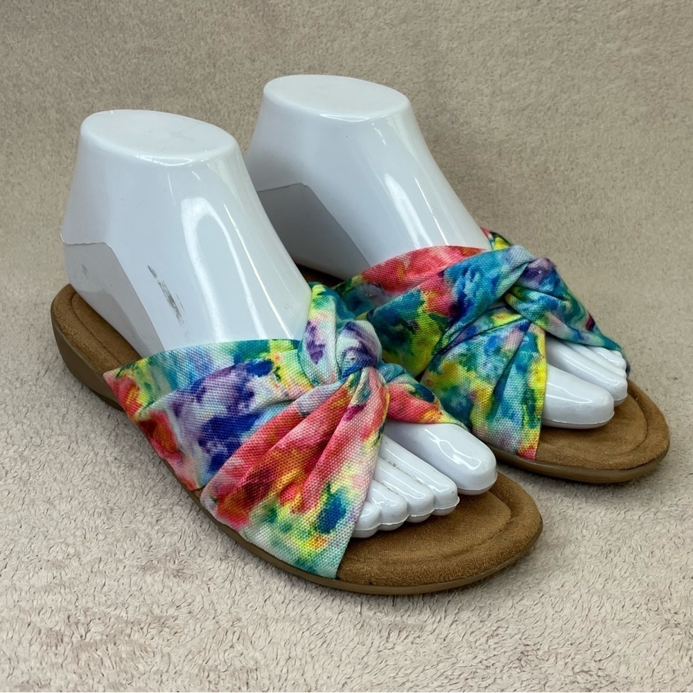 Minnetonka Tie-Dye Crossover Flip Flops Sandals Women’s 7 Blue/Tan Summer Spring